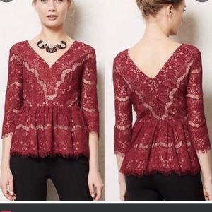 NWT Maeve Anthropologie Maroon Lace Lined Peplum Top